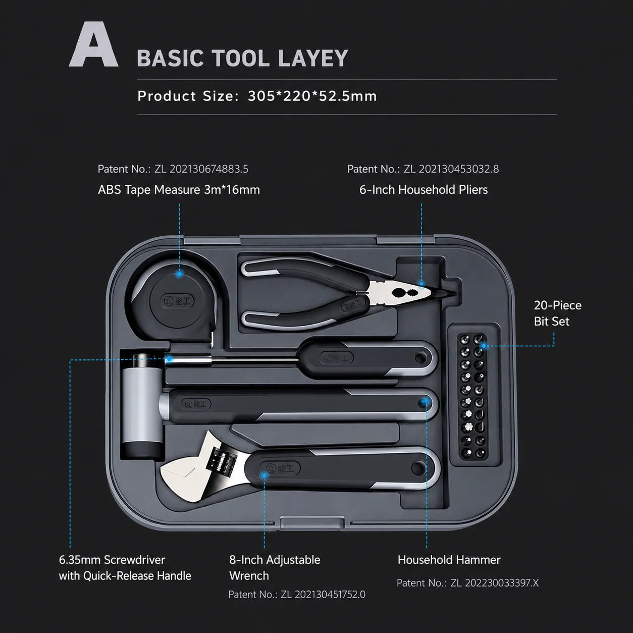 greener-basic-household-tool-layer-with-hammer-adjustable-wrench-pliers-and-bit-set-for-home-repair-toolbox