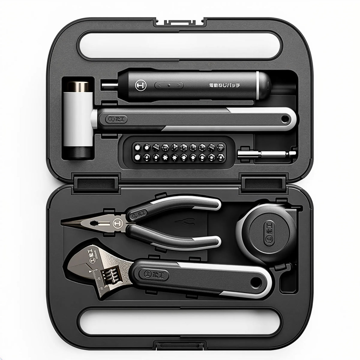 Organized electric home repair toolbox with cordless screwdriver, pliers, wrench, hammer, tape measure, and bit set