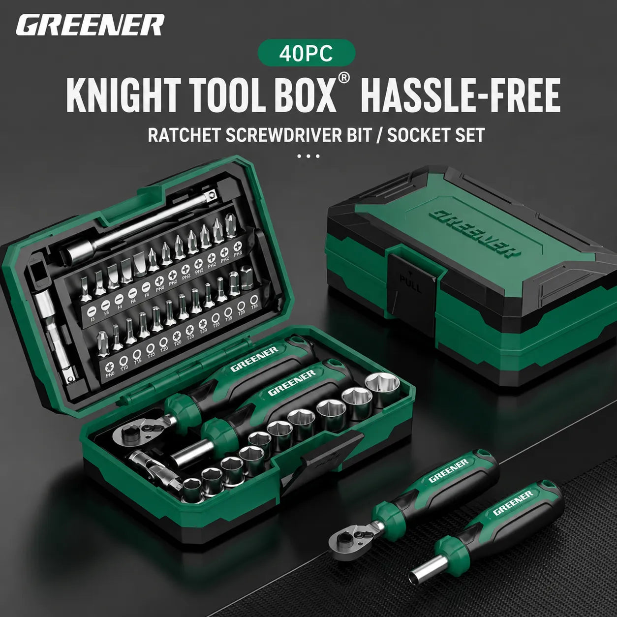 greener-knight-tool-box-40pc-ratchet-screwdriver-bit-socket-set