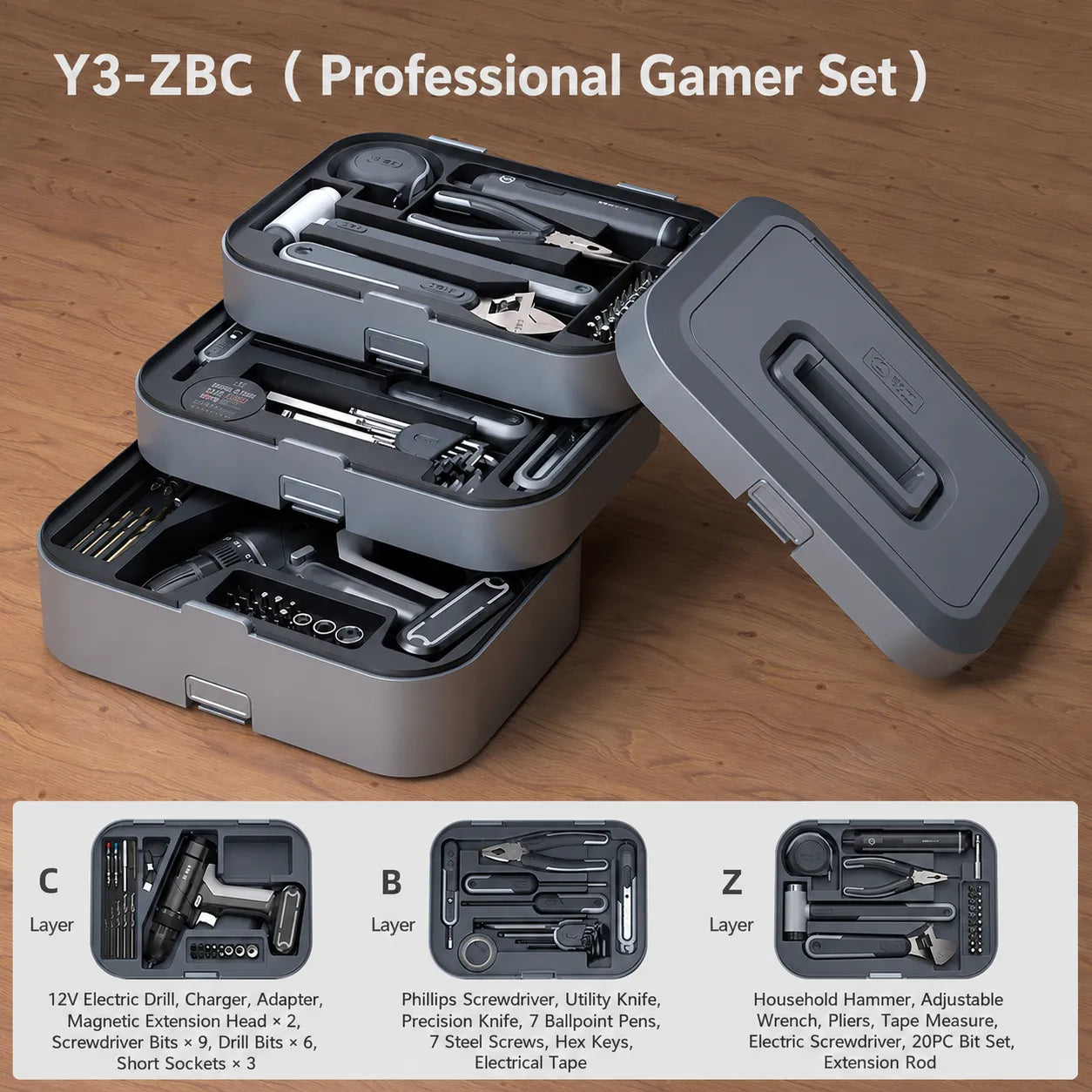 GREENER Y3 ZBC professional gamer toolbox with cordless drill hand tools and household repair kit for DIY home maintenance