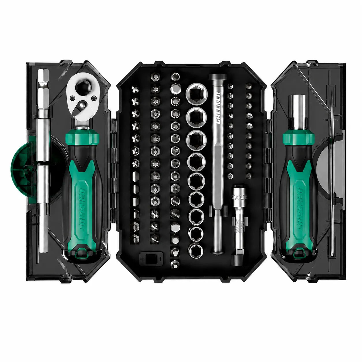 MOQWAIG 80-in-1 ratchet screwdriver kit shown in open layout with dual handles, sockets, extension rods, bits, and organized storage case