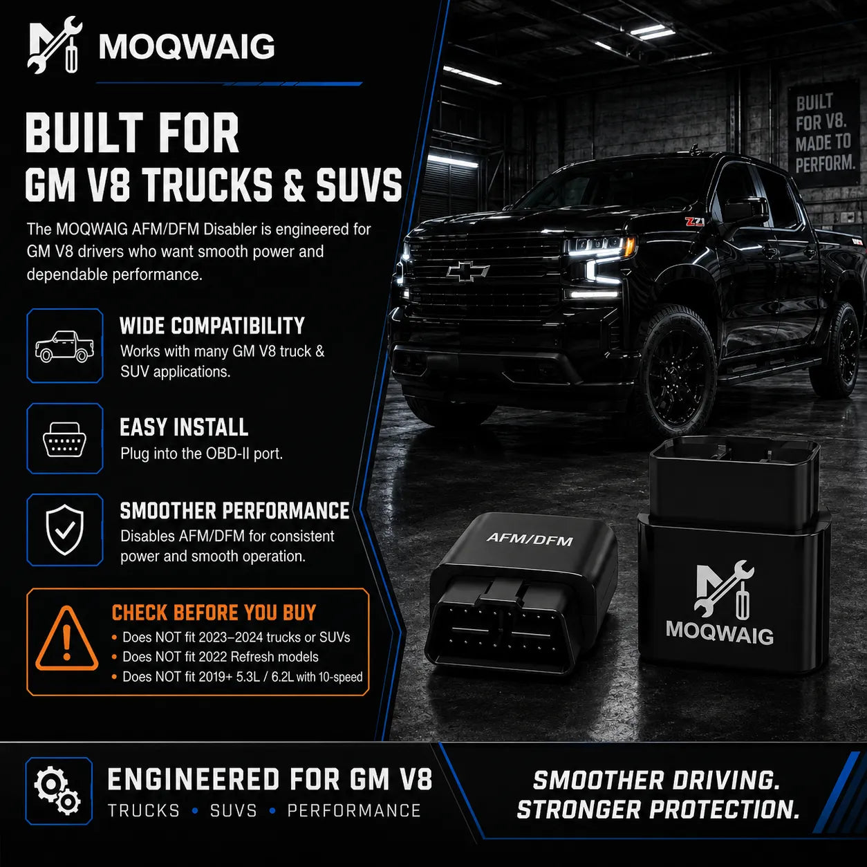 MOQWAIG AFM DFM disabler product banner for GM V8 trucks and SUVs with compatibility, easy install, and smoother performance highlights.