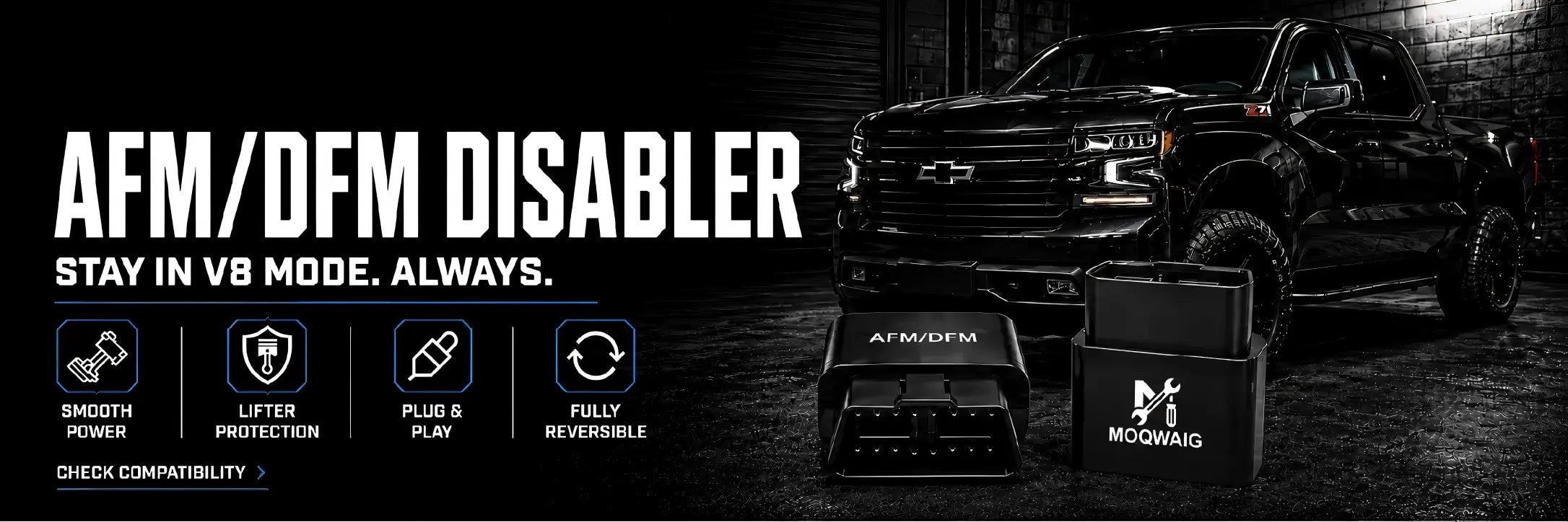 Wide banner for MOQWAIG AFM DFM disabler featuring GM V8 truck styling, product device, and key benefits including smooth power and plug-and-play use.