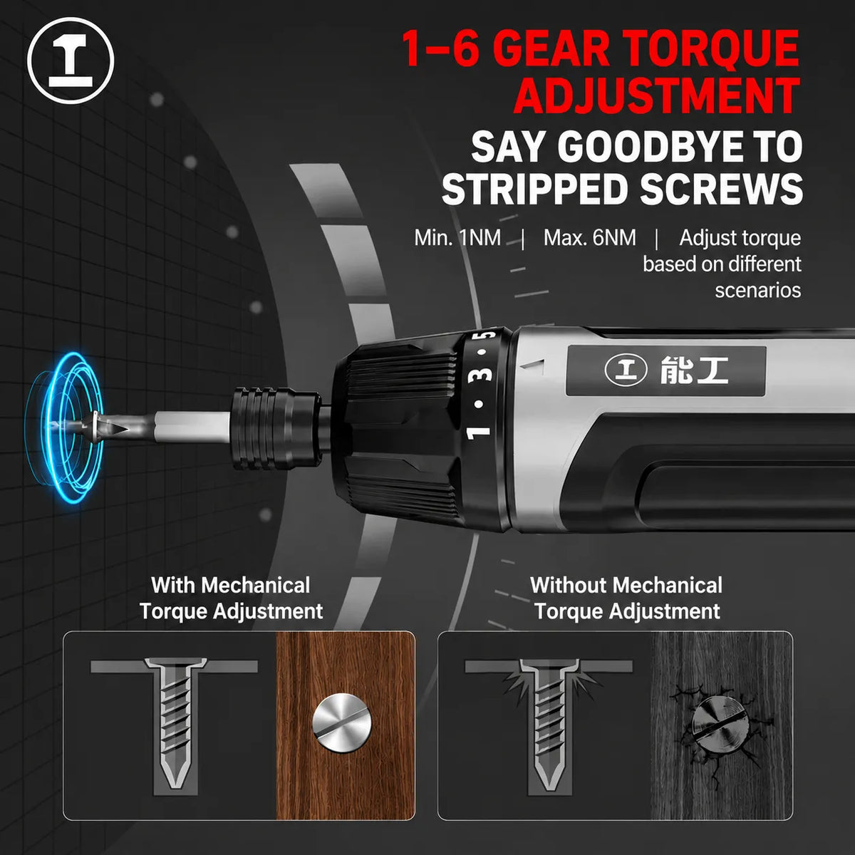 1 to 6 gear mechanical torque adjustment electric screwdriver preventing stripped screws