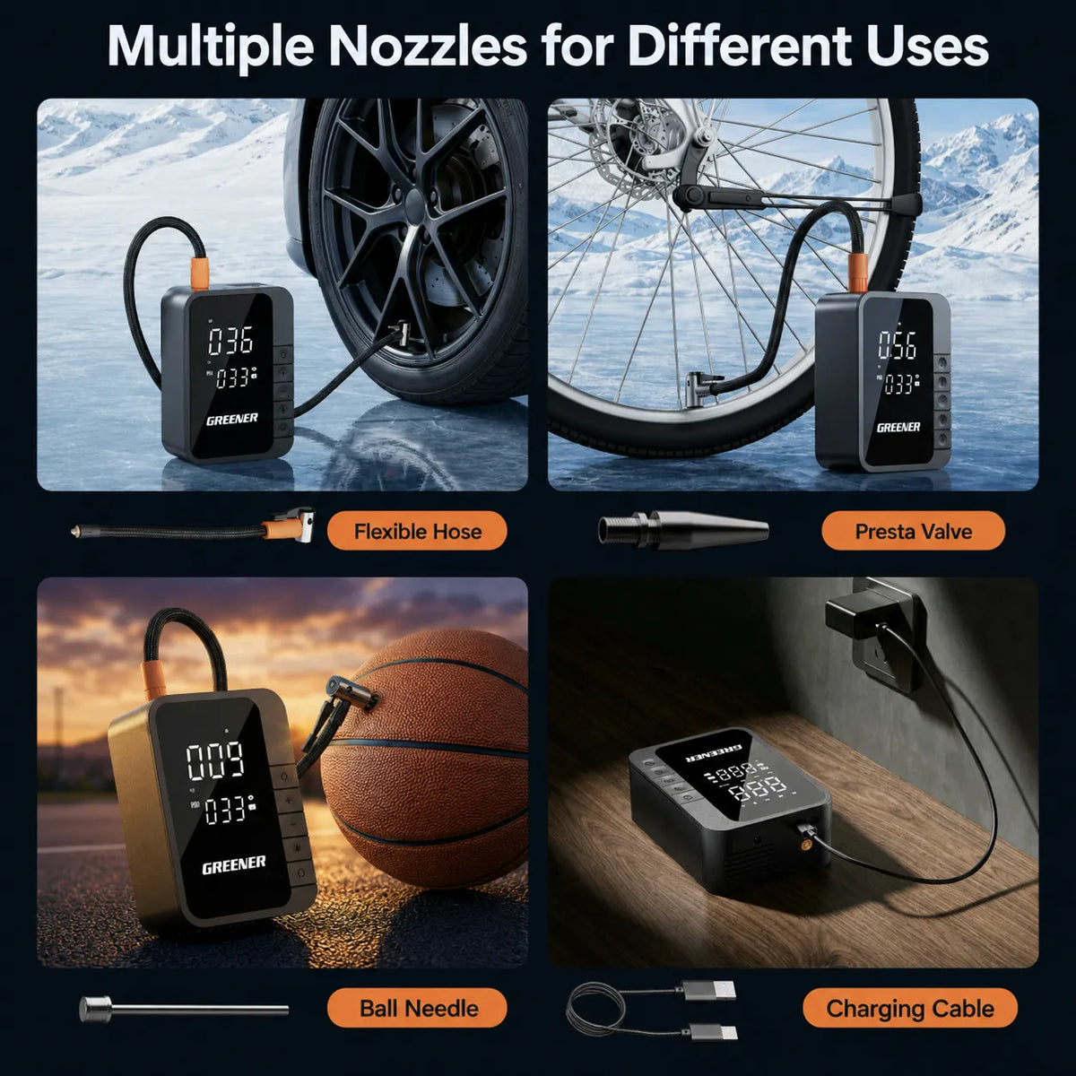 Smart air pump with multiple nozzle attachments for cars, bicycles, motorcycles, and sports balls.