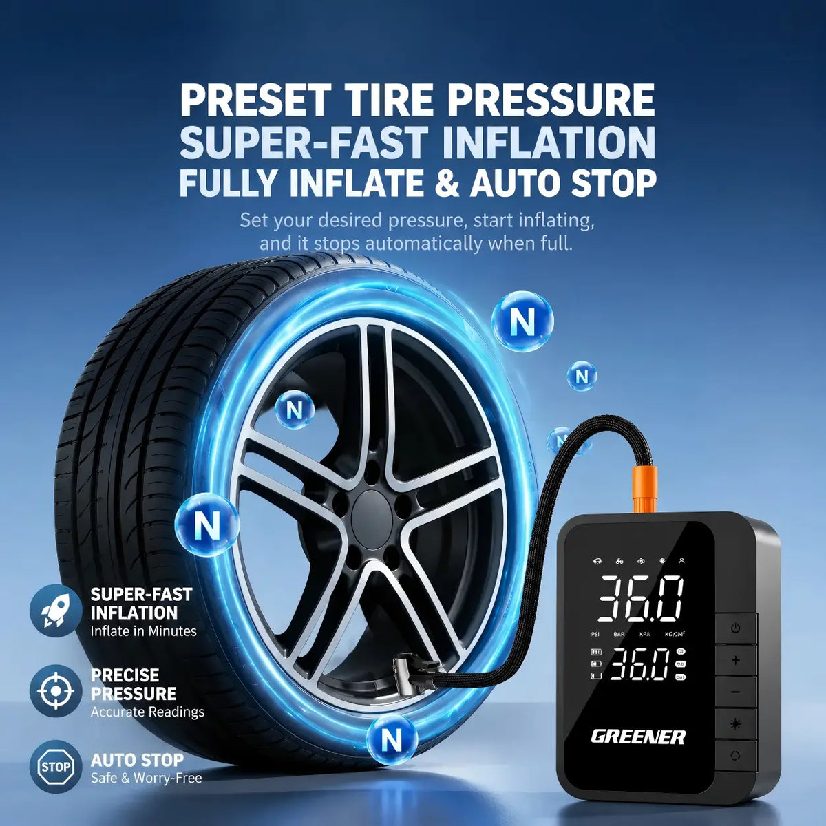 Smart air pump with preset tire pressure, automatic inflation, and auto shut-off when fully inflated.