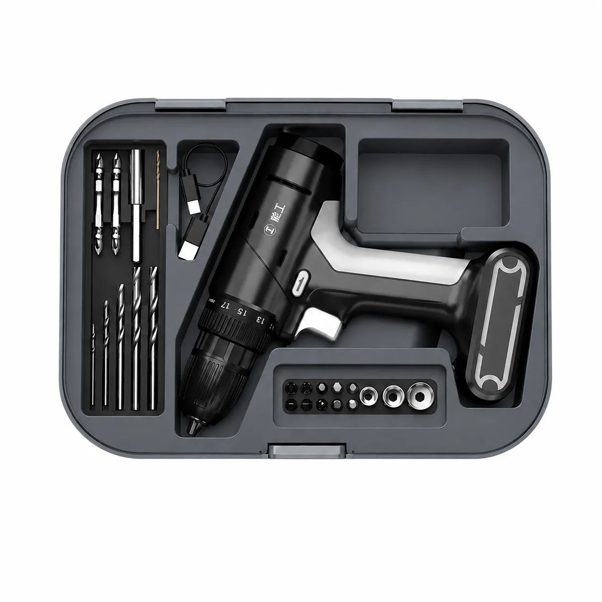 cordless electric drill driver tool kit with drill bits screwdriver heads socket adapters USB charging cable and compact storage case for home repair DIY drilling and installation tasks