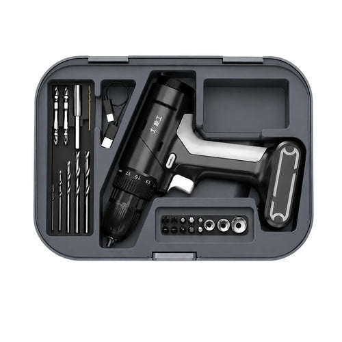 cordless electric drill driver tool kit with drill bits screwdriver heads socket adapters USB charging cable and compact storage case for home repair DIY drilling and installation tasks
