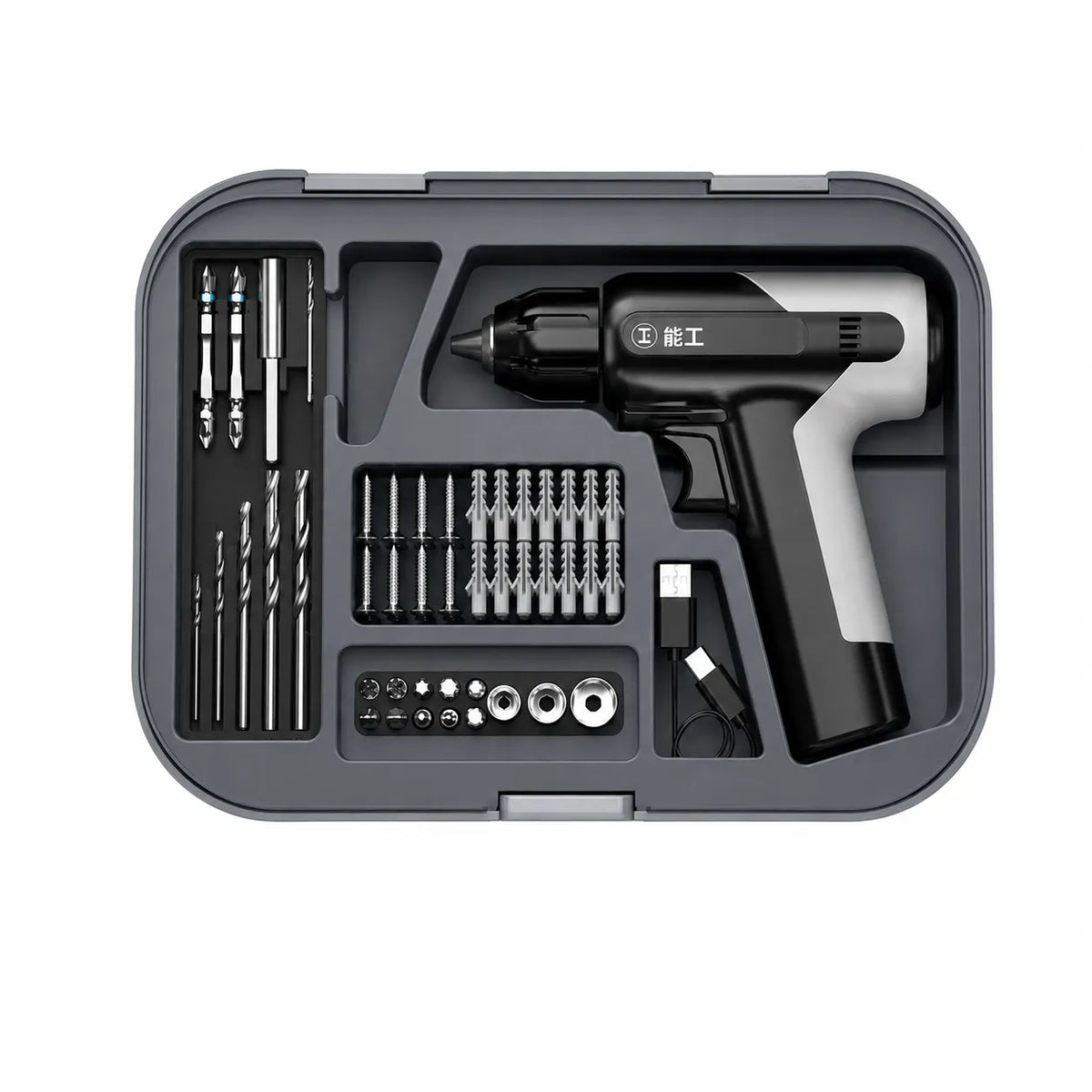 cordless electric drill tool kit with drill bits screwdriver heads screws wall anchors and USB charging cable for home repair and DIY maintenance
