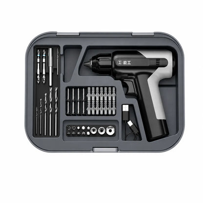 cordless electric drill tool kit with drill bits screwdriver heads screws wall anchors and USB charging cable for home repair and DIY maintenance