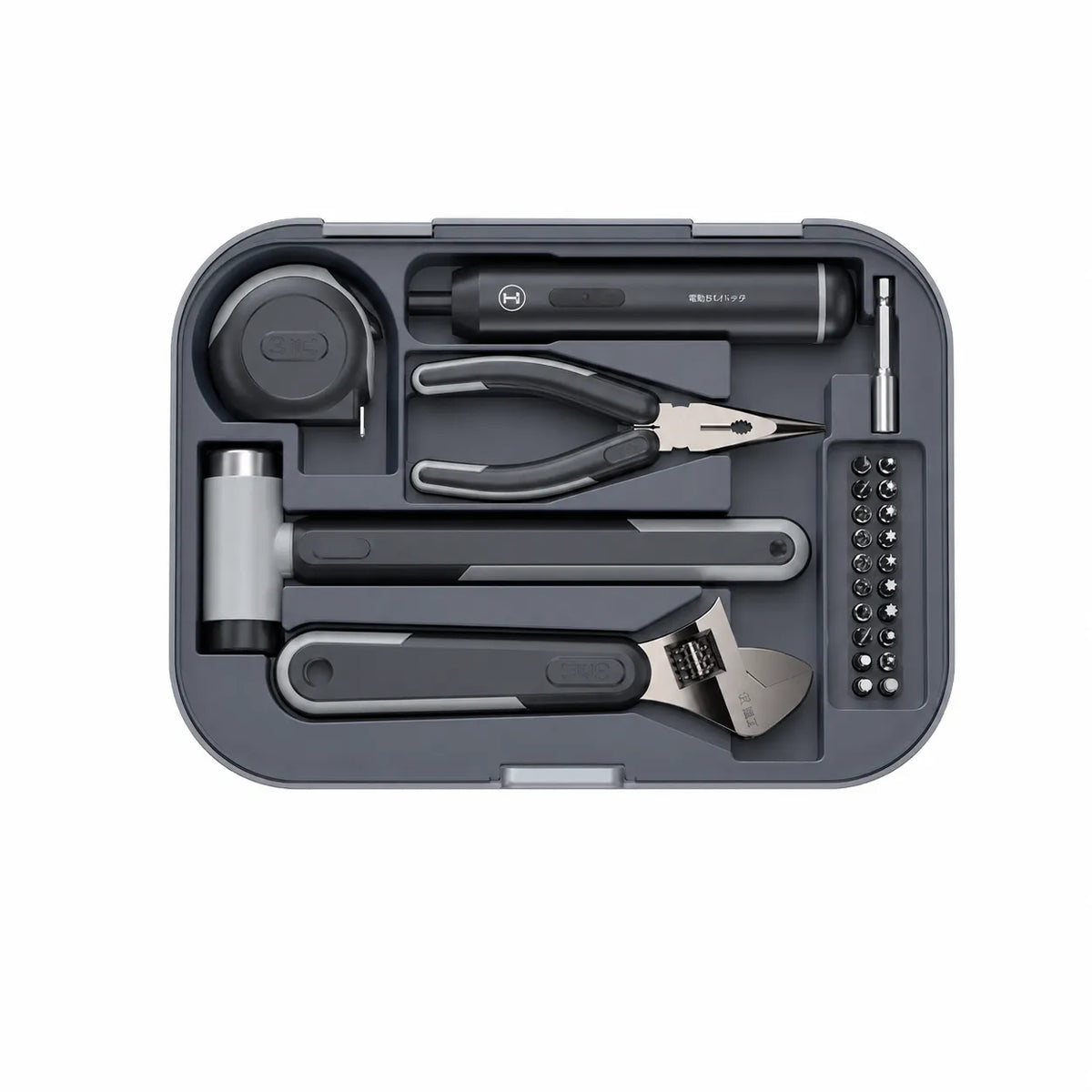 cordless electric tool kit with electric screwdriver adjustable wrench rubber mallet pliers screwdriver bits and measuring tape for home repair DIY installation and household maintenance