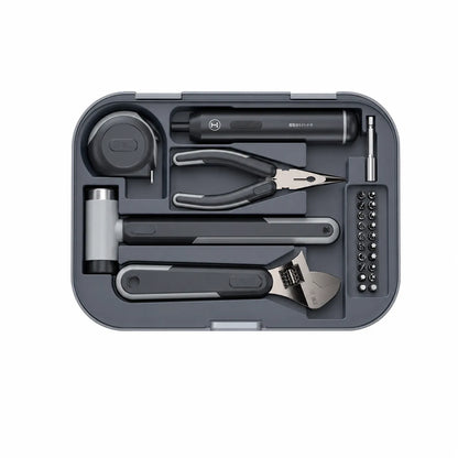 cordless electric tool kit with electric screwdriver adjustable wrench rubber mallet pliers screwdriver bits and measuring tape for home repair DIY installation and household maintenance
