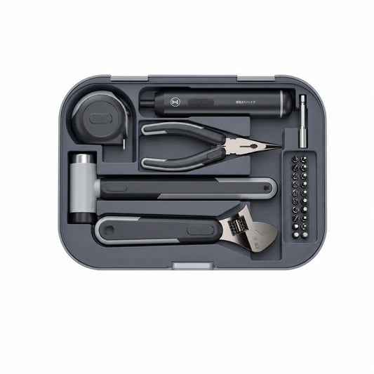 cordless electric tool kit with electric screwdriver adjustable wrench rubber mallet pliers screwdriver bits and measuring tape for home repair DIY installation and household maintenance