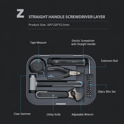 straight-handle-electric-screwdriver-layer-with-hammer-wrench-bits-and-measuring-tape
