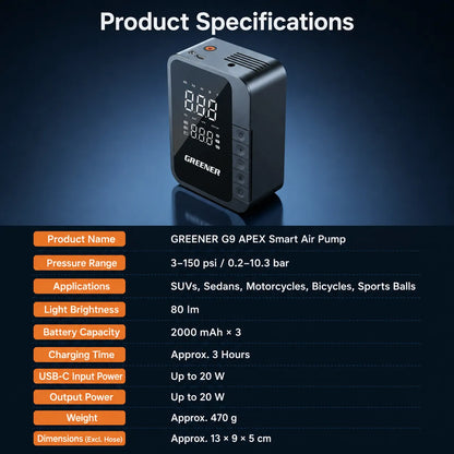 G9 APEX smart air pump product specifications including pressure range, battery capacity, and performance details.