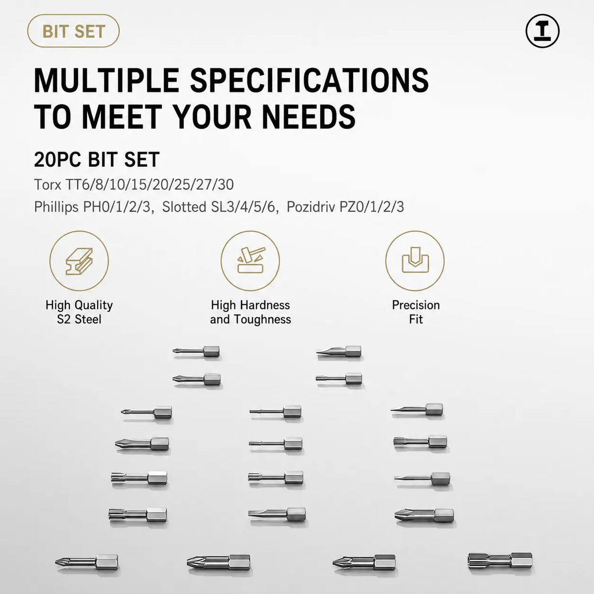 20-piece precision screwdriver bit set made from S2 steel with Torx, Phillips, slotted, and Pozidriv bits