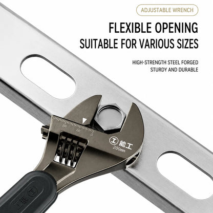 Heavy-duty adjustable wrench with flexible opening for various nut sizes and household repair tasks