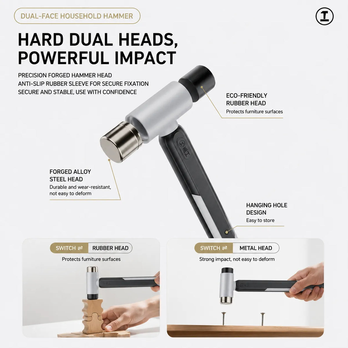 Dual-head household hammer with rubber and metal heads for furniture protection and strong impact