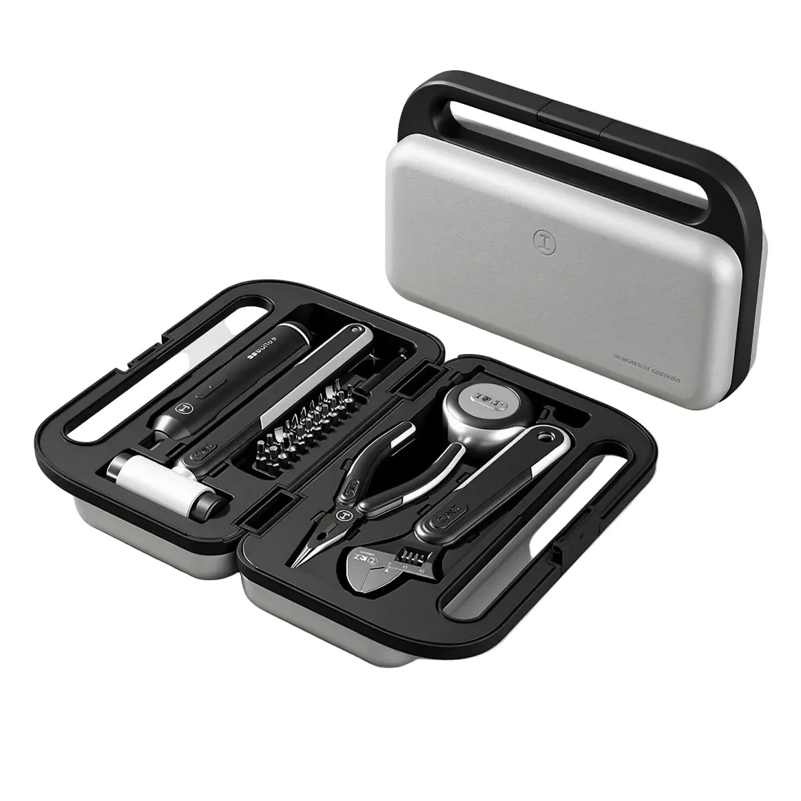 Open electric home tool kit with organized storage case, screwdriver, hammer, pliers, wrench, tape measure, and bit set