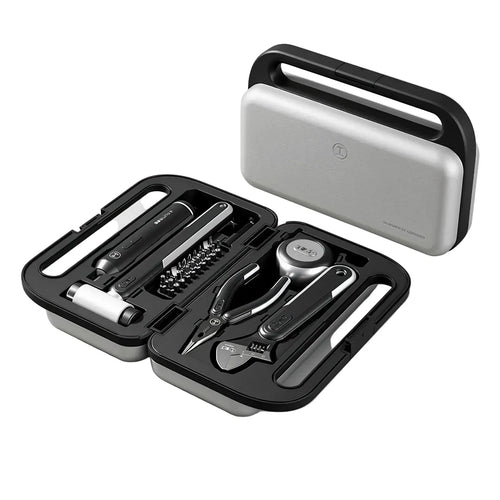 Open electric home tool kit with organized storage case, screwdriver, hammer, pliers, wrench, tape measure, and bit set