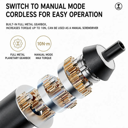 Cordless electric screwdriver with full metal planetary gearbox and manual mode for stronger torque control