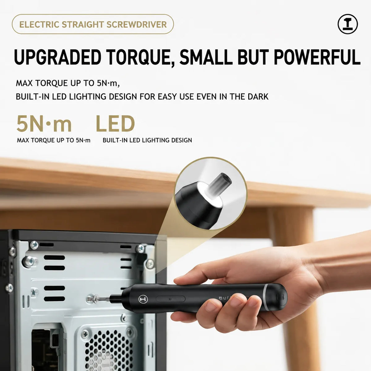 Compact cordless electric screwdriver with 5N·m torque and built-in LED light for dark and tight spaces