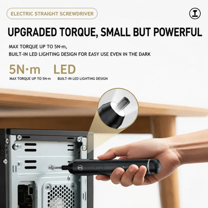 Compact cordless electric screwdriver with 5N·m torque and built-in LED light for dark and tight spaces