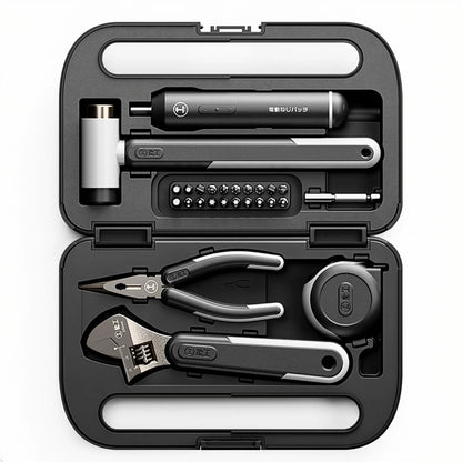 Organized electric home repair toolbox with cordless screwdriver, pliers, wrench, hammer, tape measure, and bit set