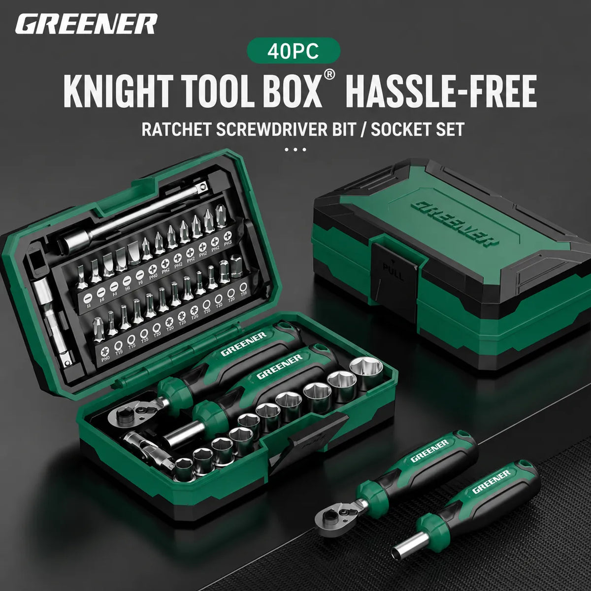 greener-knight-tool-box-40pc-ratchet-screwdriver-bit-socket-set