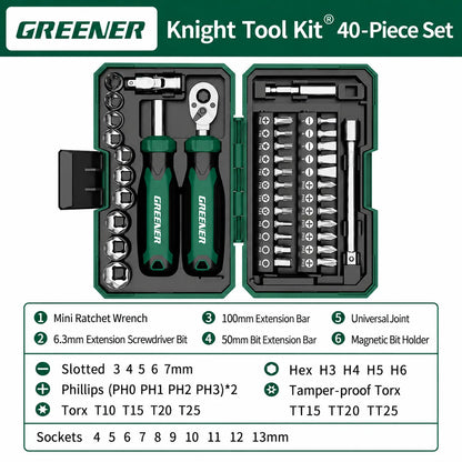 greener-knight-tool-kit-40-piece-ratchet-screwdriver-socket-set
