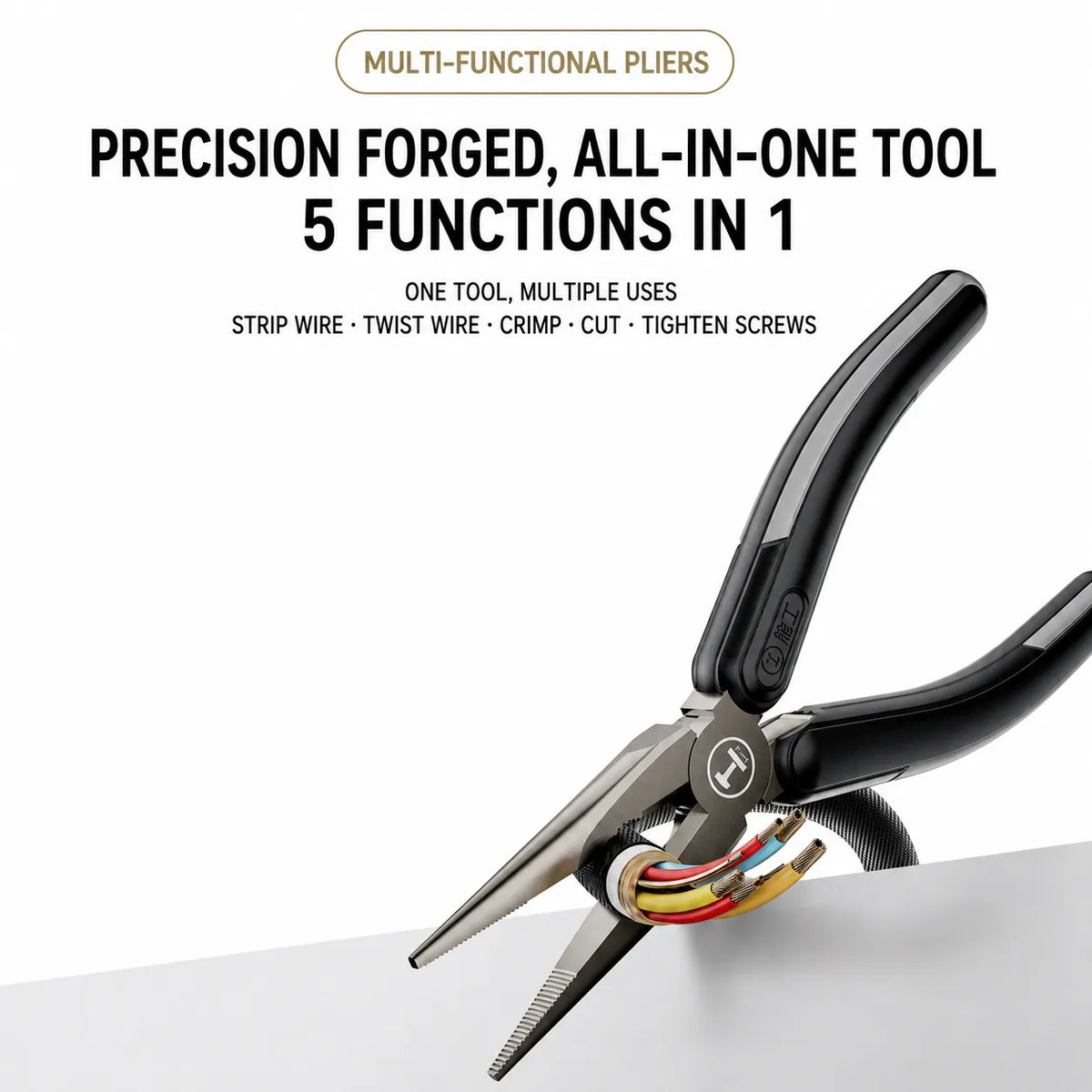 5-in-1 long nose pliers for wire stripping, cutting, crimping, twisting, and tightening screws