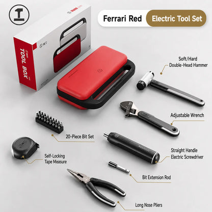 Ferrari Red electric home tool set with cordless screwdriver, hammer, wrench, pliers, tape measure, and bit extension rod