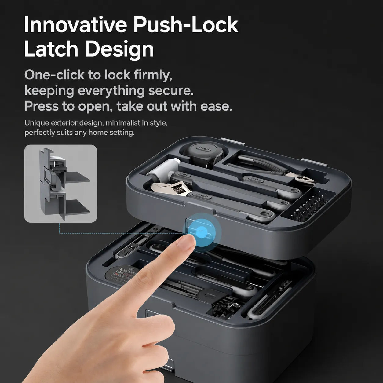 GREENER push-lock latch toolbox for secure closure and easy daily access