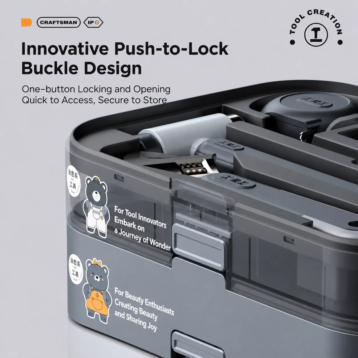 GREENER push-to-lock toolbox buckle design for secure storage and quick access
