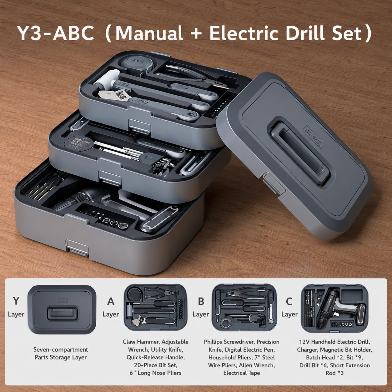 GREENER Y3 ABC classic electric drill toolbox set with manual and power tools for home repair