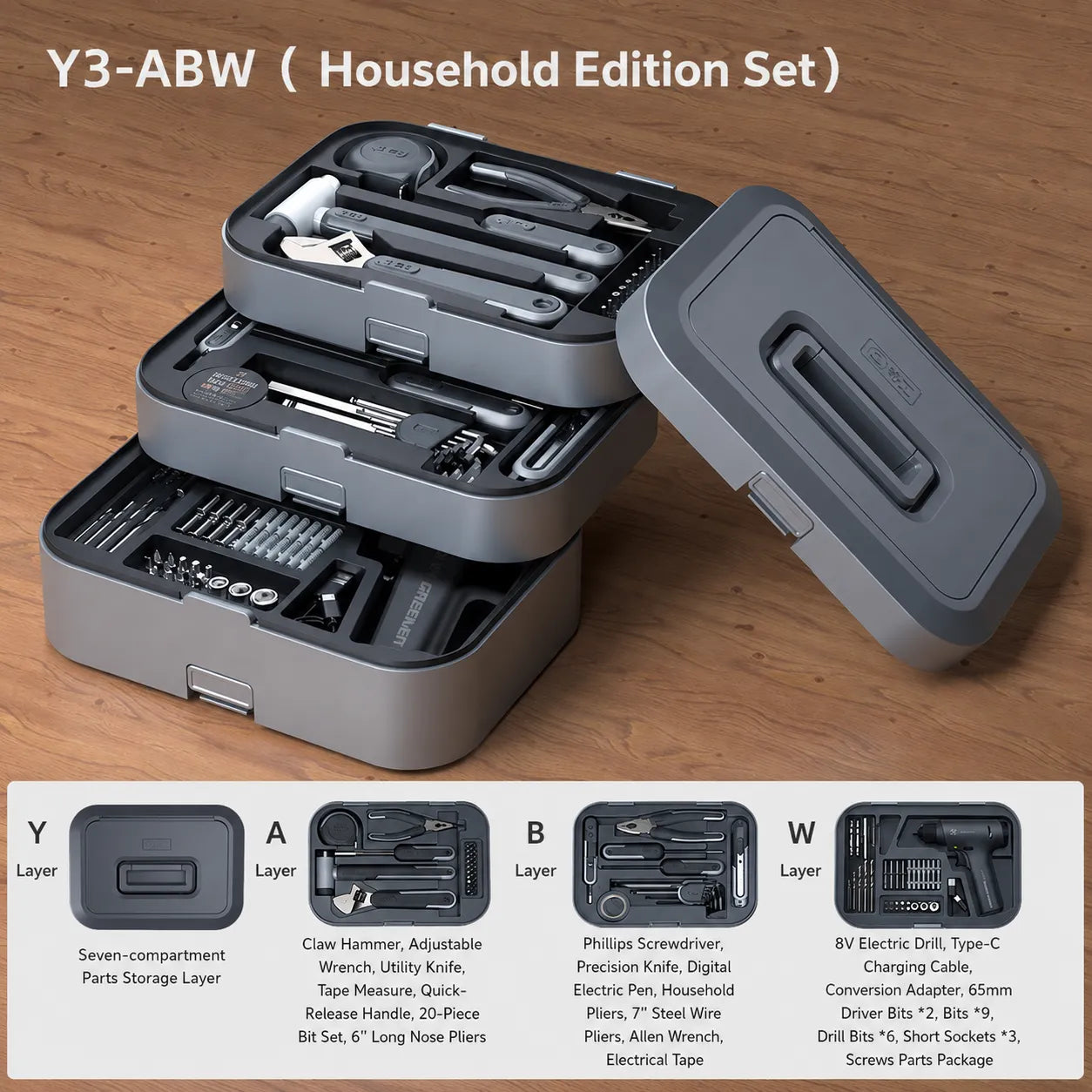 GREENER Y3-ABW household edition toolbox with cordless drill and daily repair tools on wood background
