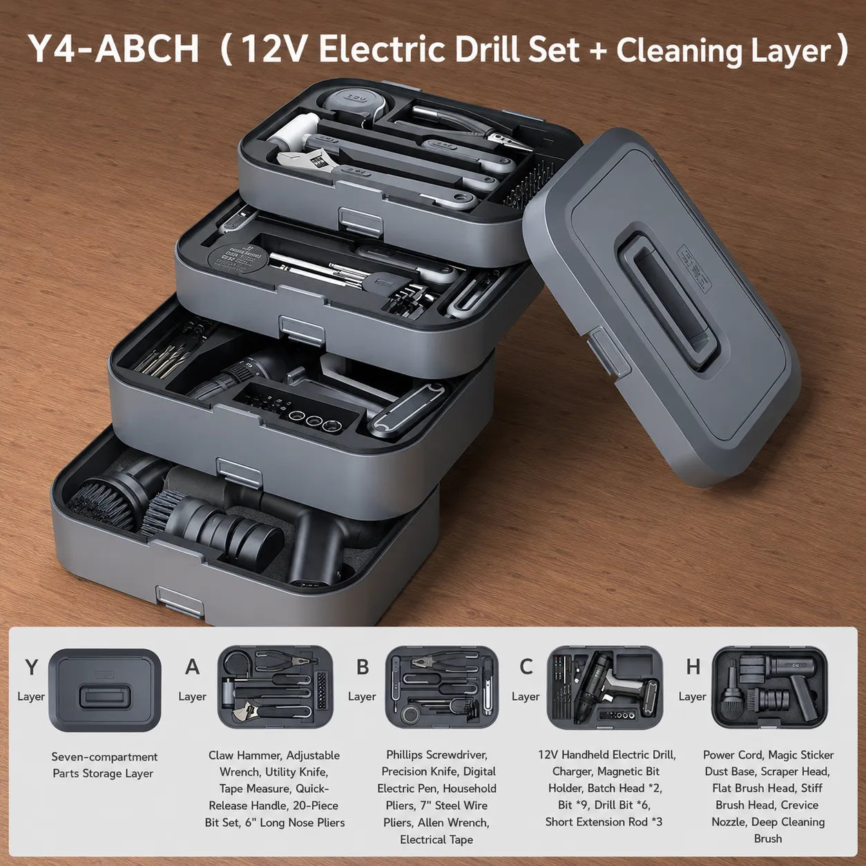 GREENER Y4 ABCH cordless drill and cleaning toolbox set for home maintenance cleaning and repairs