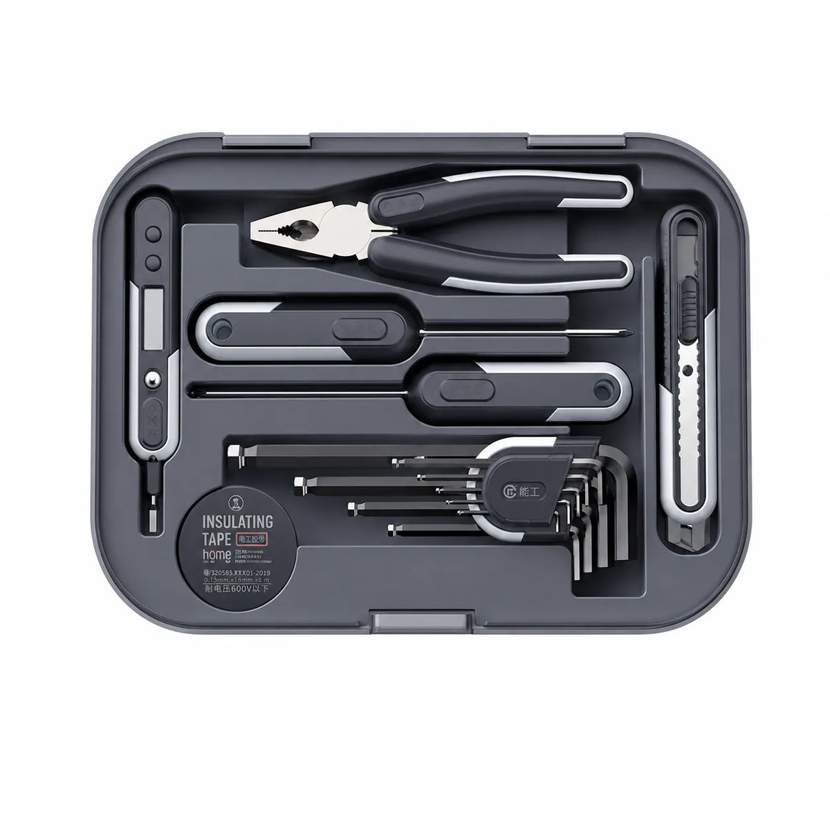 home hand tool repair kit with pliers screwdrivers utility knife hex keys and electrical tape for household maintenance