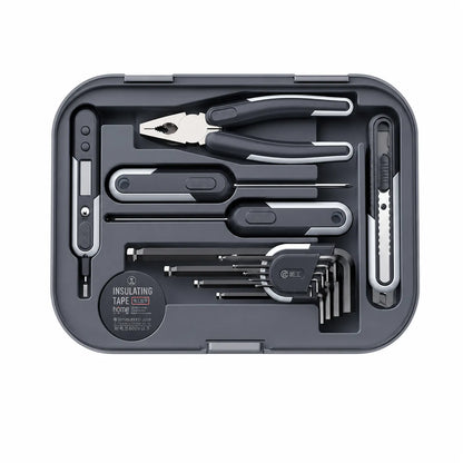 home hand tool repair kit with pliers screwdrivers utility knife hex keys and electrical tape for household maintenance