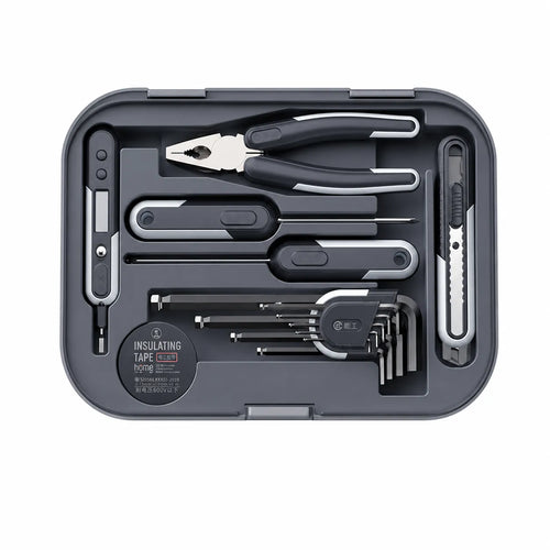 home hand tool repair kit with pliers screwdrivers utility knife hex keys and electrical tape for household maintenance