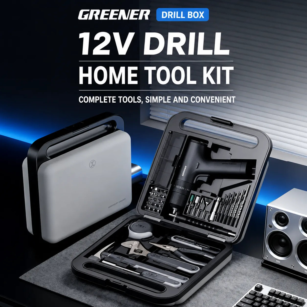 MOQWAIG 12V drill home tool kit with open storage case, cordless drill, drill bits, pliers, wrench, hammer, and accessories