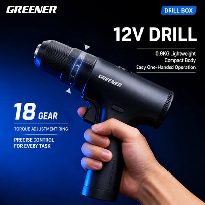 MOQWAIG 12V drill with lightweight compact body, 18-gear torque adjustment, and easy one-handed operation