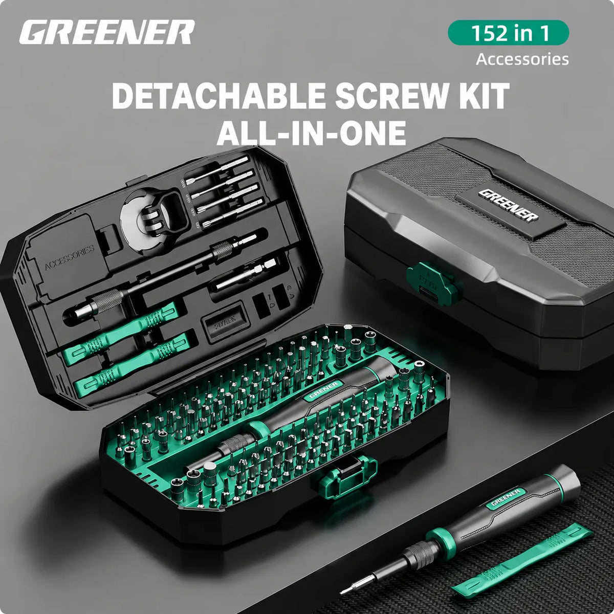 MOQWAIG 152-in-1 detachable precision screwdriver kit with organized storage case, handle, bits, sockets, opening tools, and repair accessories