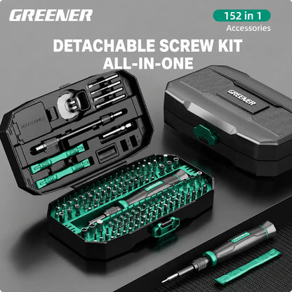 MOQWAIG 152-in-1 detachable precision screwdriver kit with organized storage case, handle, bits, sockets, opening tools, and repair accessories