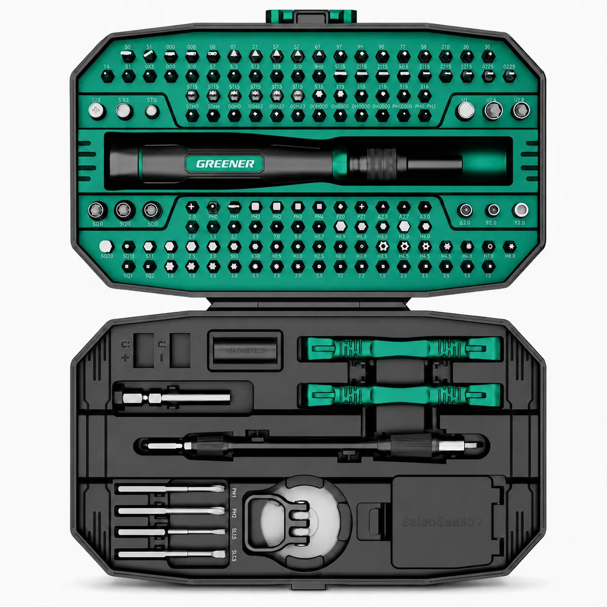 MOQWAIG 152-in-1 precision screwdriver kit in open case with organized S2 bits, sockets, handle, pry tools, suction cup, and accessories