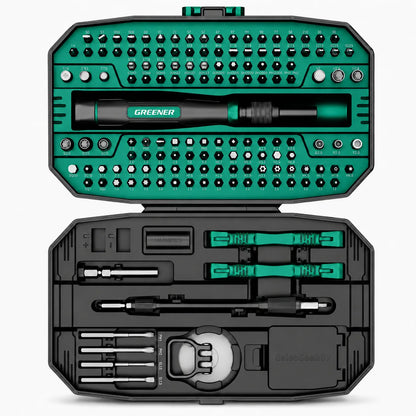 MOQWAIG 152-in-1 precision screwdriver kit in open case with organized S2 bits, sockets, handle, pry tools, suction cup, and accessories