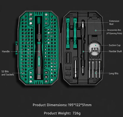 MOQWAIG 152-piece precision repair tool kit with handle, S2 bits, sockets, flexible shaft, suction cup, opening picks, and extension rod