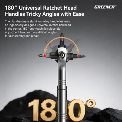 MOQWAIG ratchet screwdriver with 180-degree universal ratchet head for flexible angle adjustment and difficult repair positions