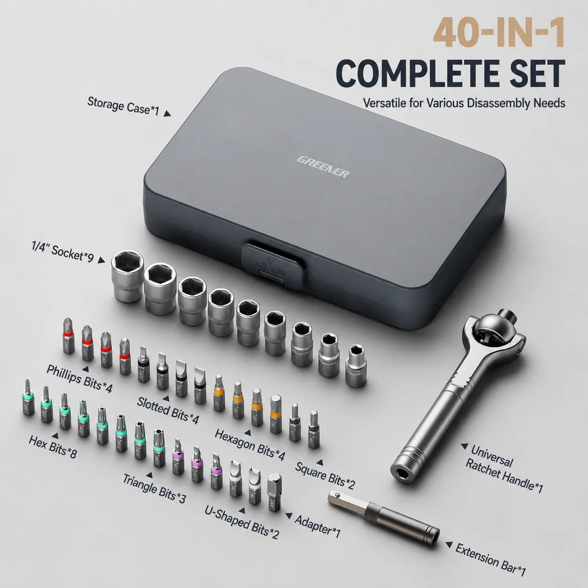 MOQWAIG 40-in-1 ratchet screwdriver complete set with storage case, sockets, extension bar, universal handle, and multiple screwdriver bits