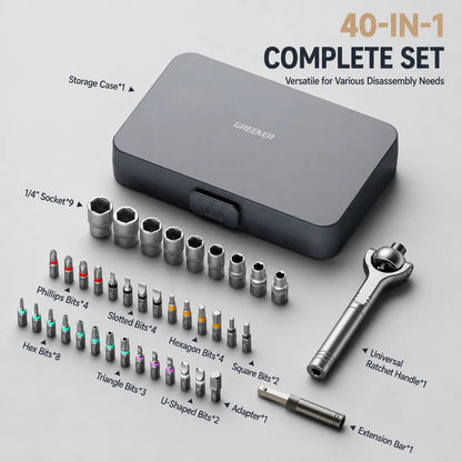 MOQWAIG 40-in-1 ratchet screwdriver complete set with storage case, sockets, extension bar, universal handle, and multiple screwdriver bits